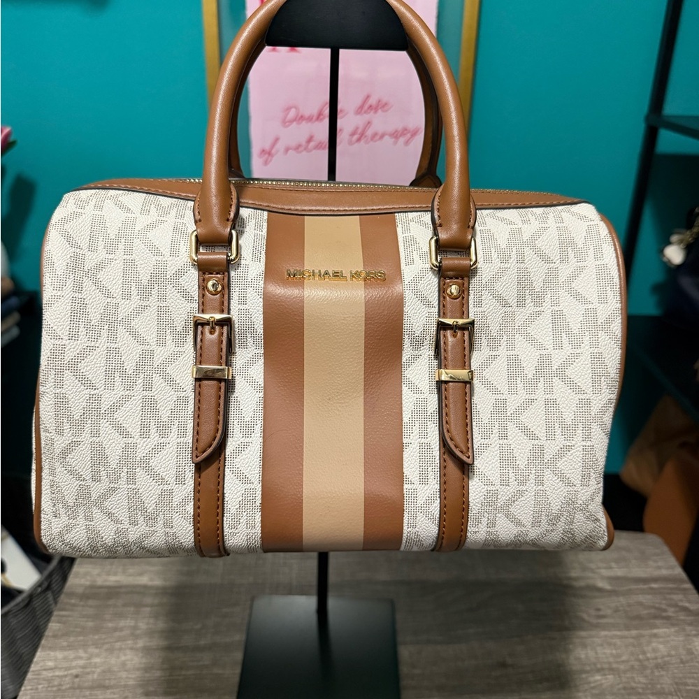 Michael Kors White and Brown Striped Satchel